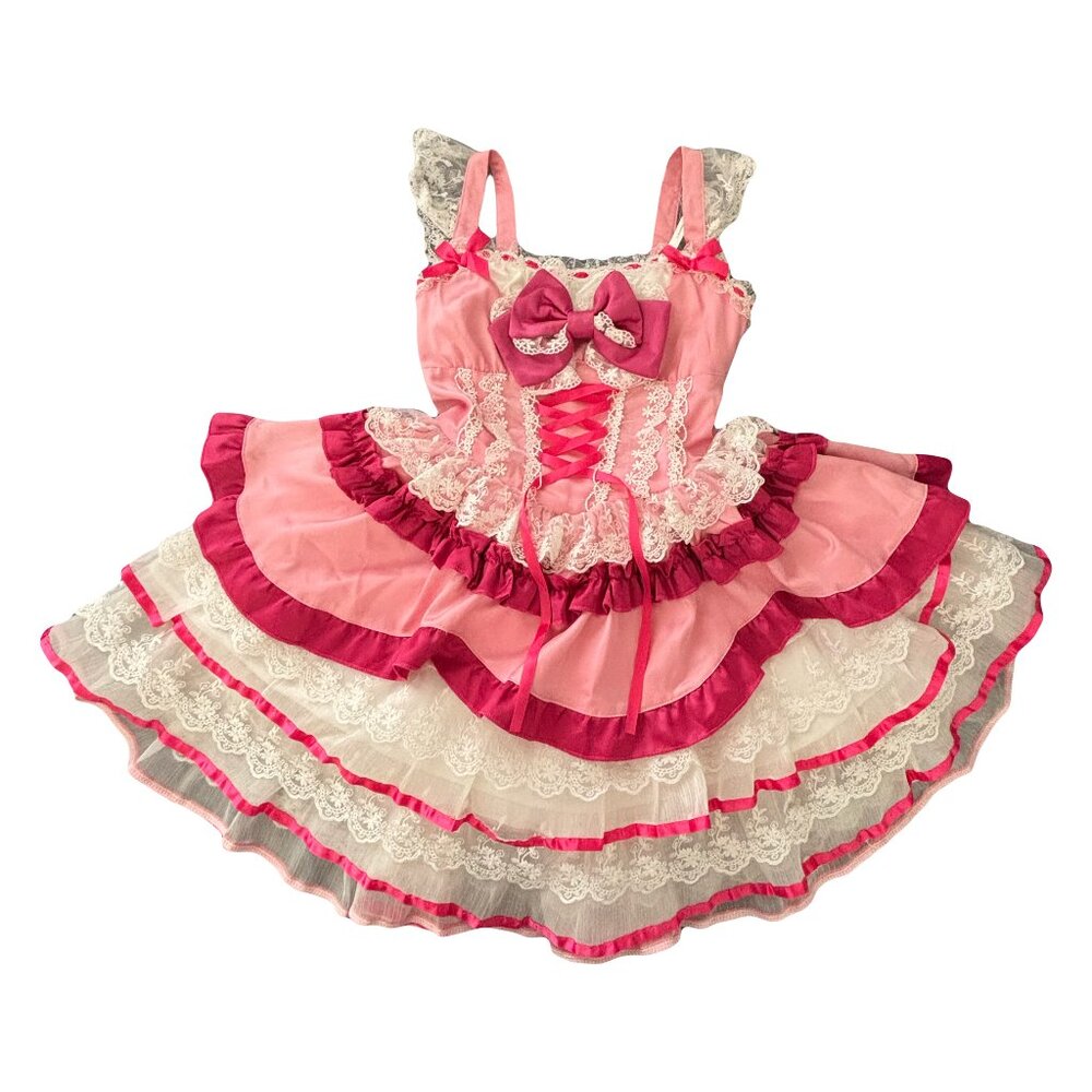 Sweet pink satin lace lolita tiered ruffle mini strap dress